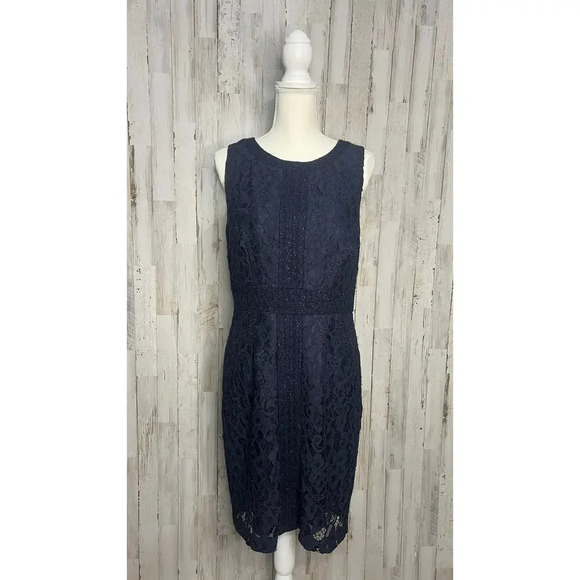 Trina Turk Women's Size‎ 10 Navy Blue Sleeveless Lace Sheath Dress Short - Picture 1 of 5